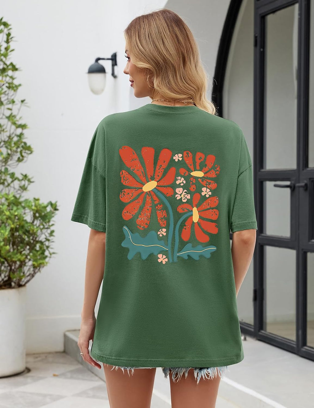 Monica Women's Oversized Graphic Tee – 100% Cotton Rainbow Floral Casual T-Shirt