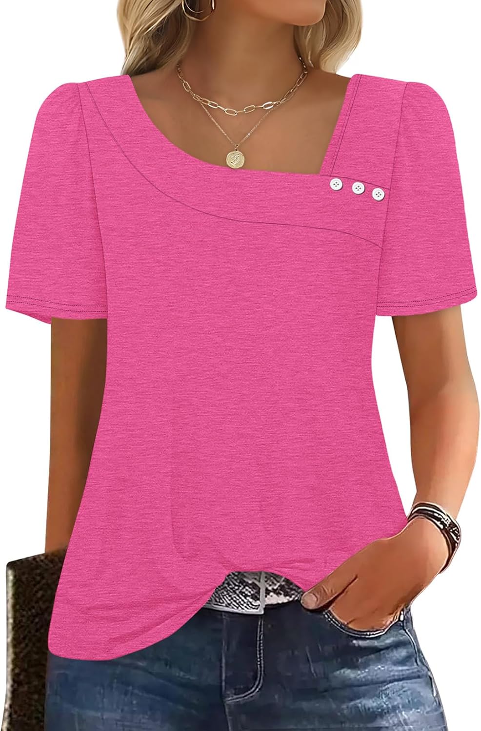 Mia Women's Square Neck Top – Puff Sleeve Button Blouse for Summer Outfits