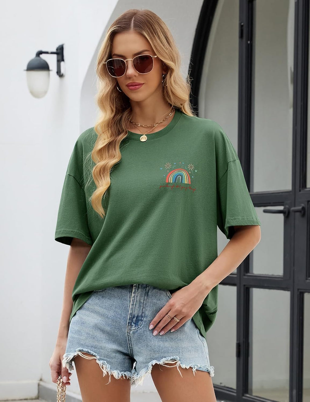 Monica Women's Oversized Graphic Tee – 100% Cotton Rainbow Floral Casual T-Shirt