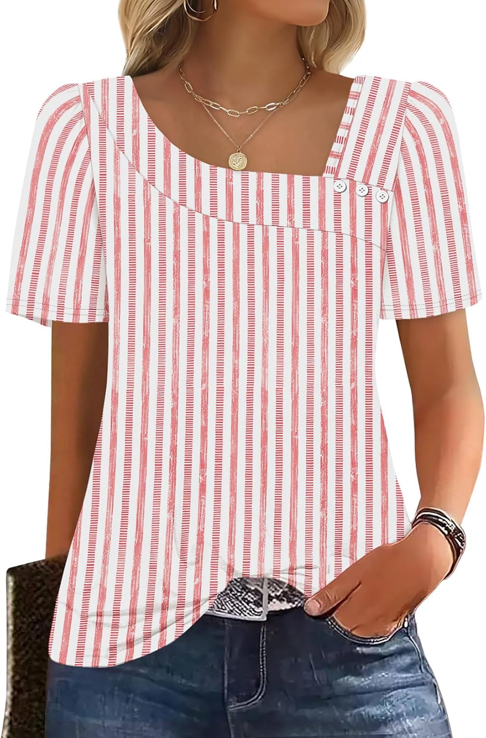 Mia Women's Square Neck Top – Puff Sleeve Button Blouse for Summer Outfits
