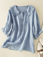 Jillian Women's Cotton Linen Blouse – Ruffle Peter Pan Collar Loose Fit Shirt