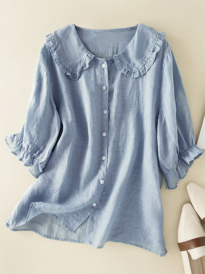 Jillian Women's Cotton Linen Blouse – Ruffle Peter Pan Collar Loose Fit Shirt