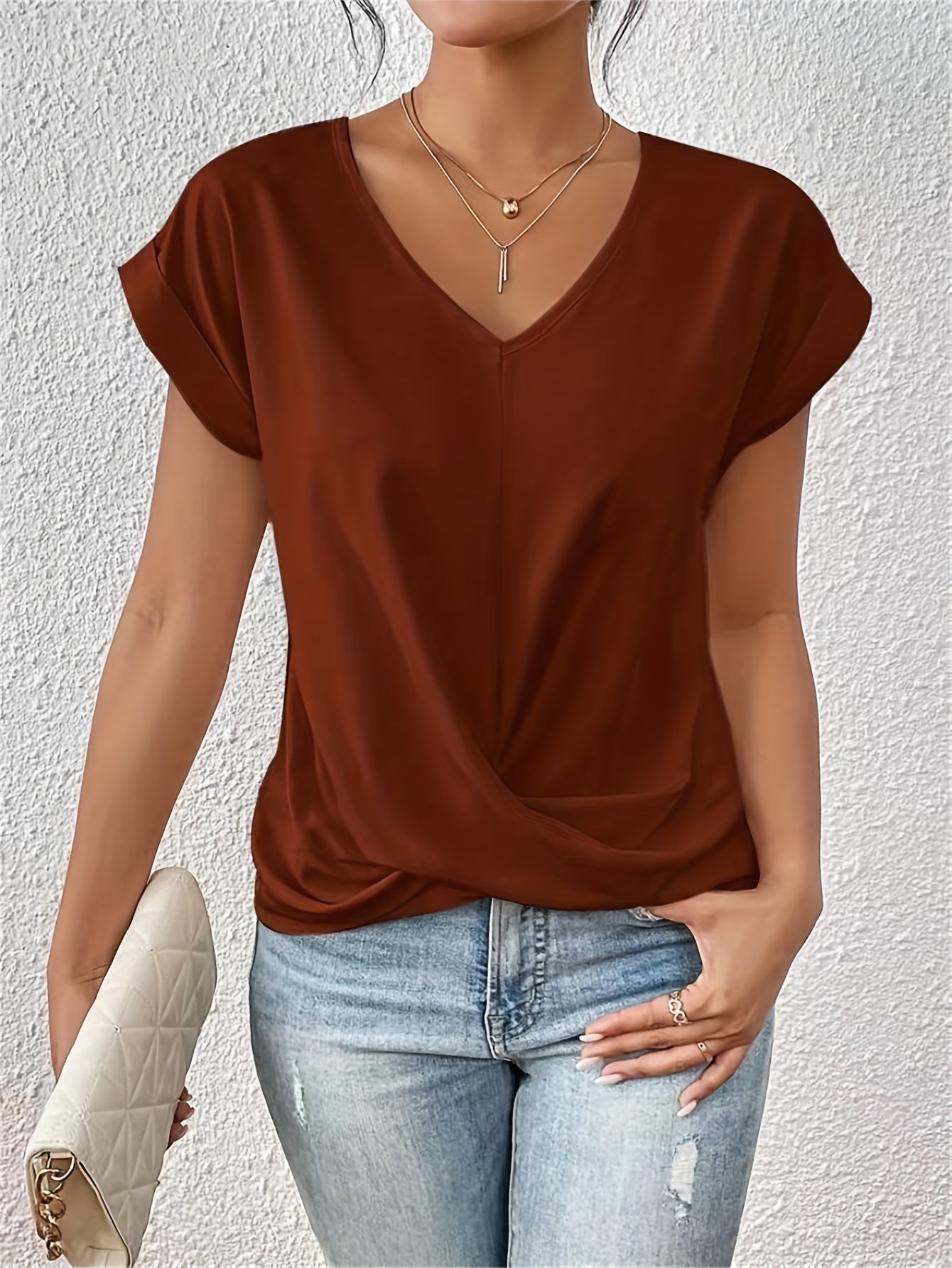 Yasmine Women’s V-Neck Top – Elegant Knot Front Blouse with Flattering Draped Fit