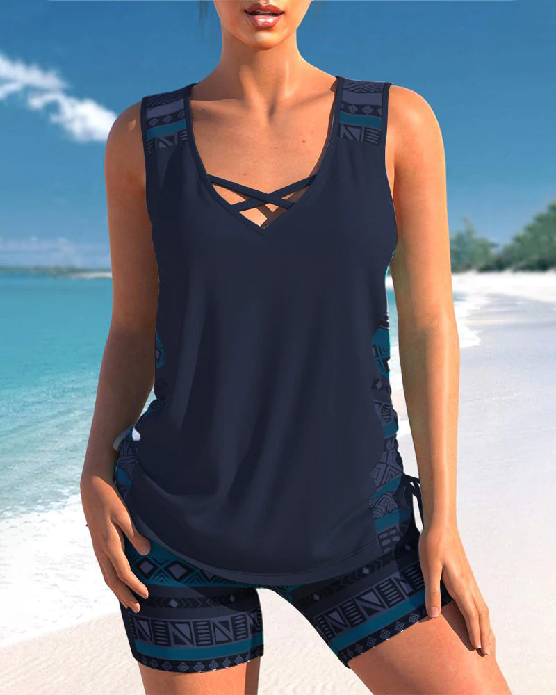 Bienna Women's Tankini Set – Geometric Print Swim Top with Matching Shorts