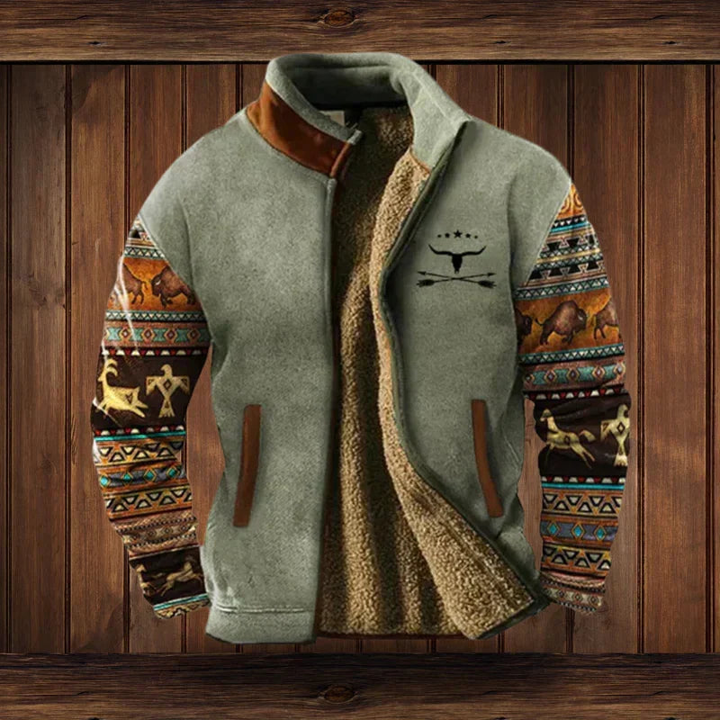 Noah Men’s Winter Jacket – Fleece-Lined Western Coat with Ethnic Pattern Design
