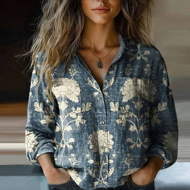 Mira Women's Vintage Blouse – Ethnic Print Button-Up Long Sleeve Shirt