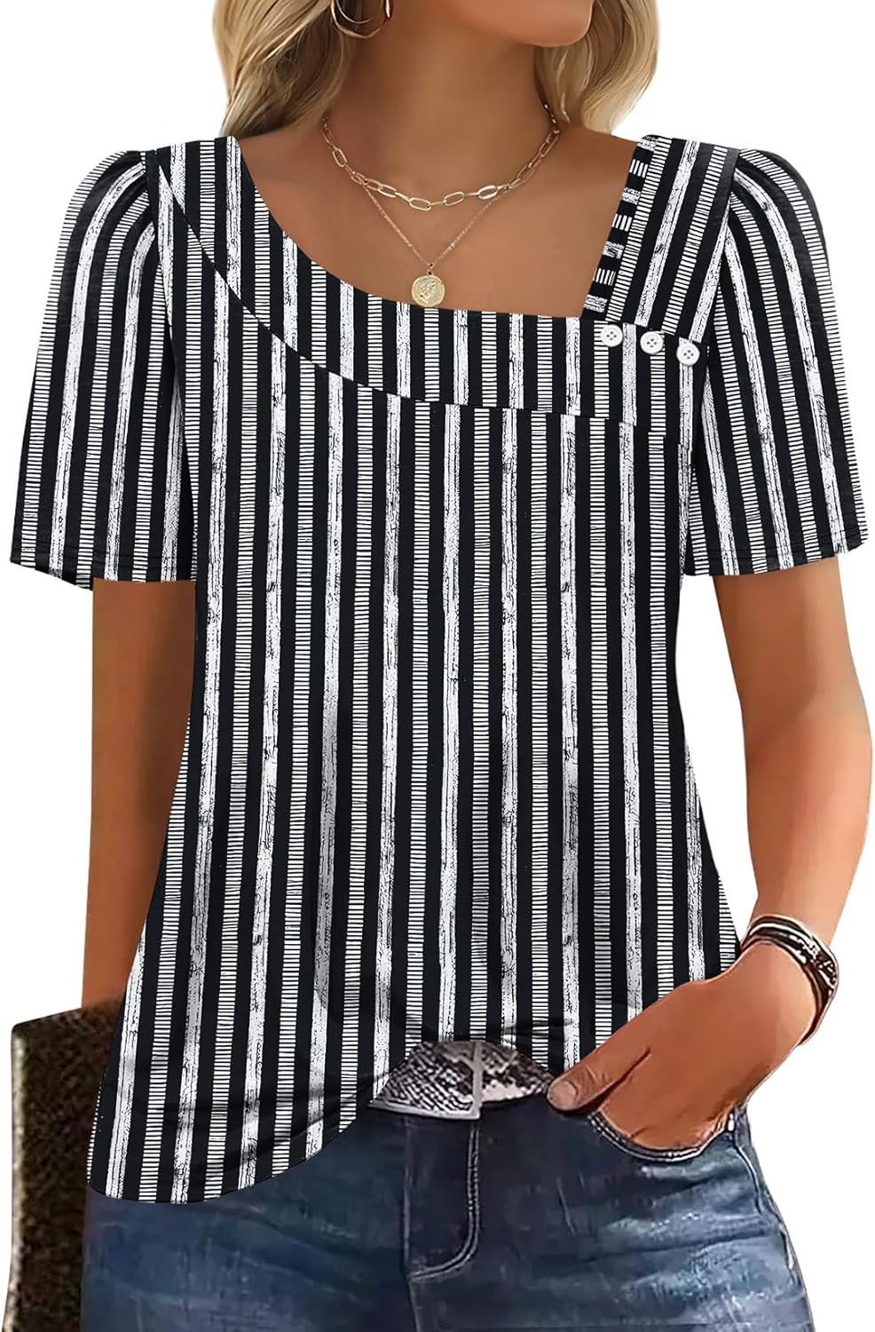 Mia Women's Square Neck Top – Puff Sleeve Button Blouse for Summer Outfits
