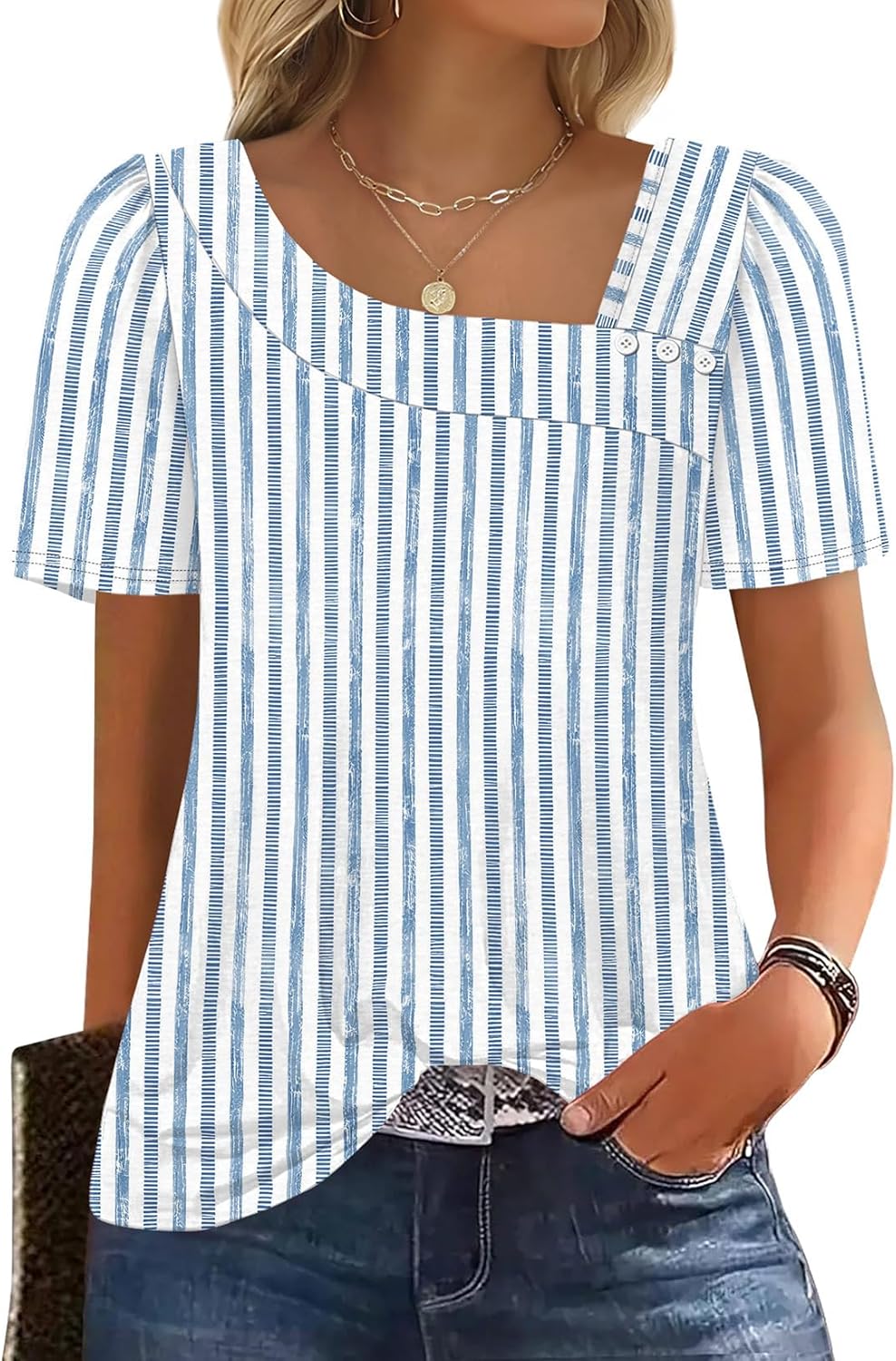 Mia Women's Square Neck Top – Puff Sleeve Button Blouse for Summer Outfits