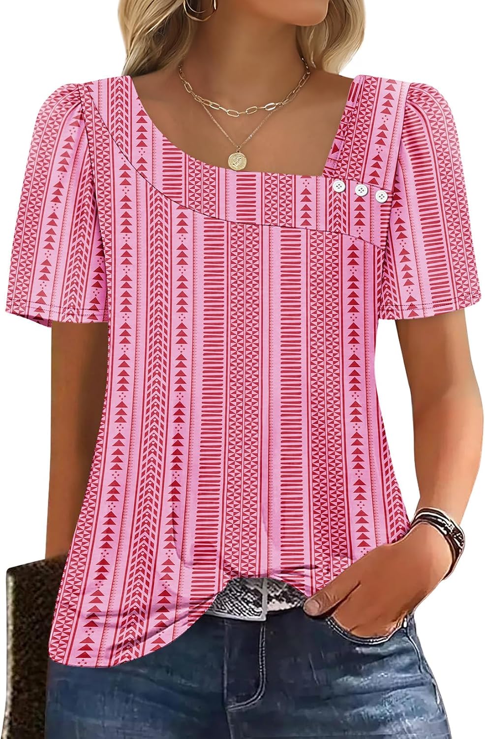 Mia Women's Square Neck Top – Puff Sleeve Button Blouse for Summer Outfits