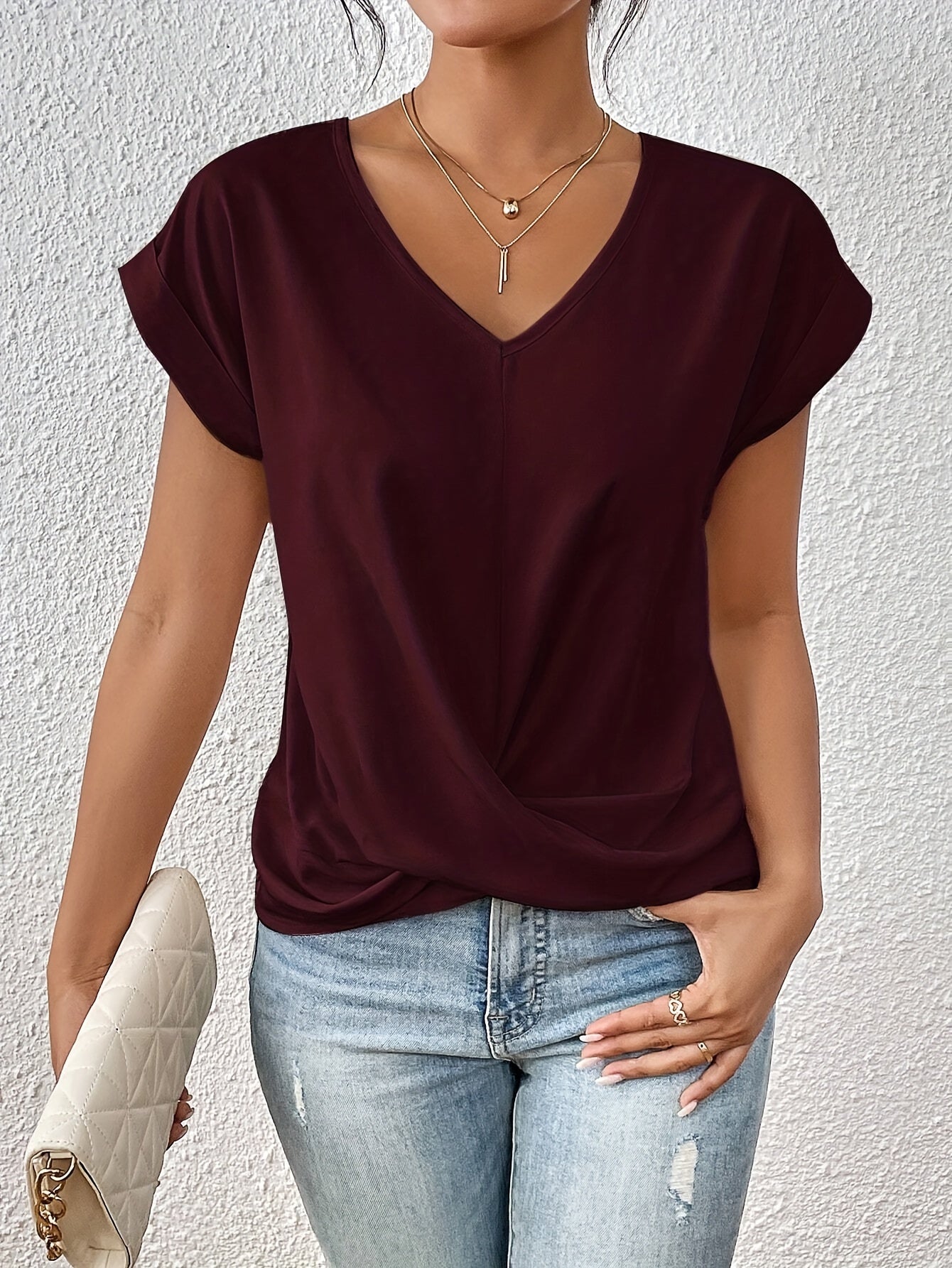 Yasmine Women’s V-Neck Top – Elegant Knot Front Blouse with Flattering Draped Fit