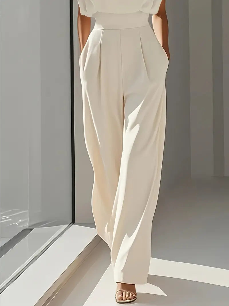 Mira Women's High-Waist Jumpsuit – Straight Leg Pleated Elegant Outfit