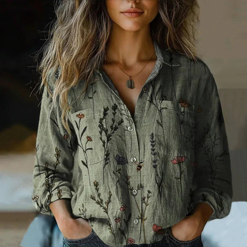 Mira Women's Vintage Blouse – Ethnic Print Button-Up Long Sleeve Shirt