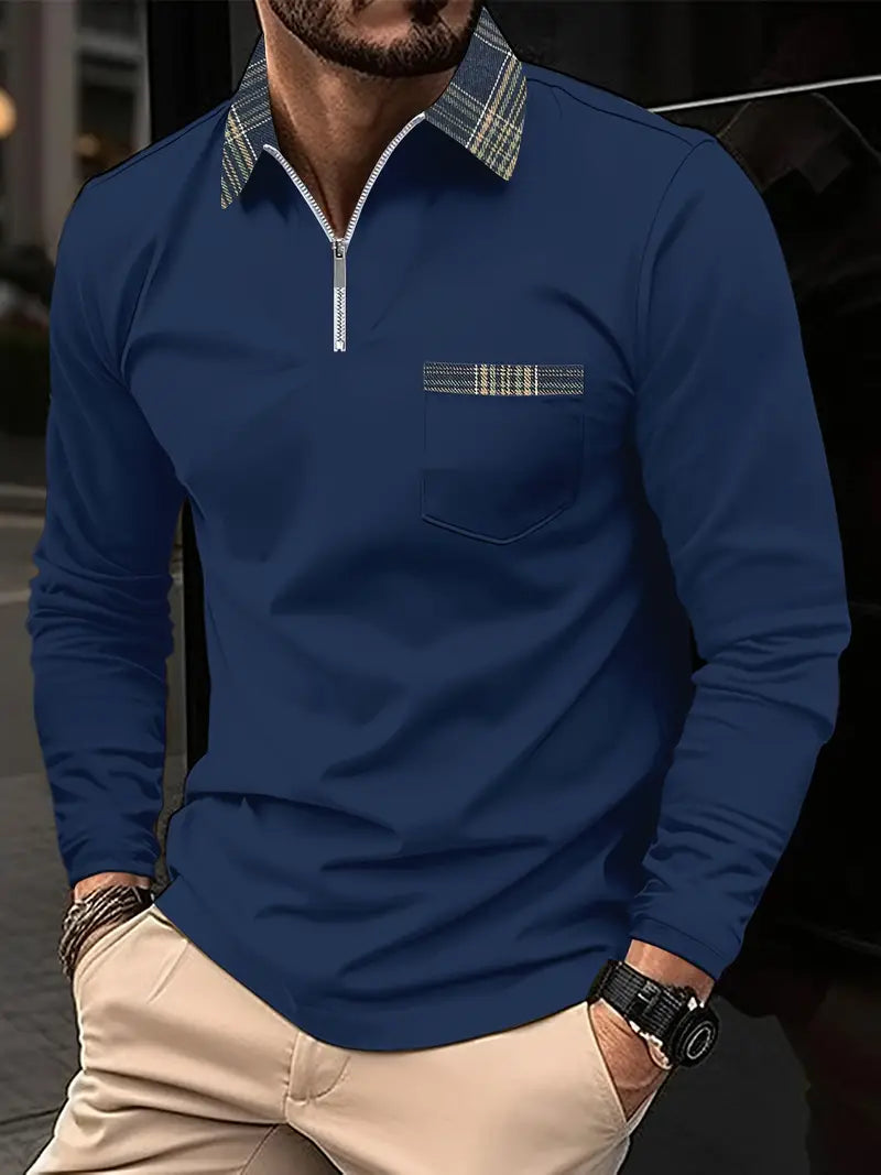 Frank Men's Long Sleeve Polo – Zip Collar Check Pattern Shirt for Smart Casual Wear