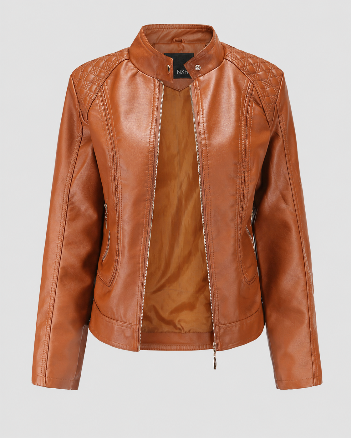 Janiyah Women's Leather Jacket – Stand Collar Zip Jacket with Pockets