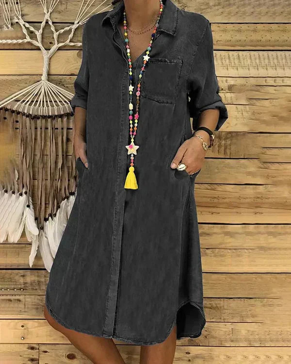 Morgane Women’s Denim Shirt Dress – Lightweight Button-Up Midi Dress with Flattering Fit