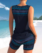 Bienna Women's Tankini Set – Geometric Print Swim Top with Matching Shorts