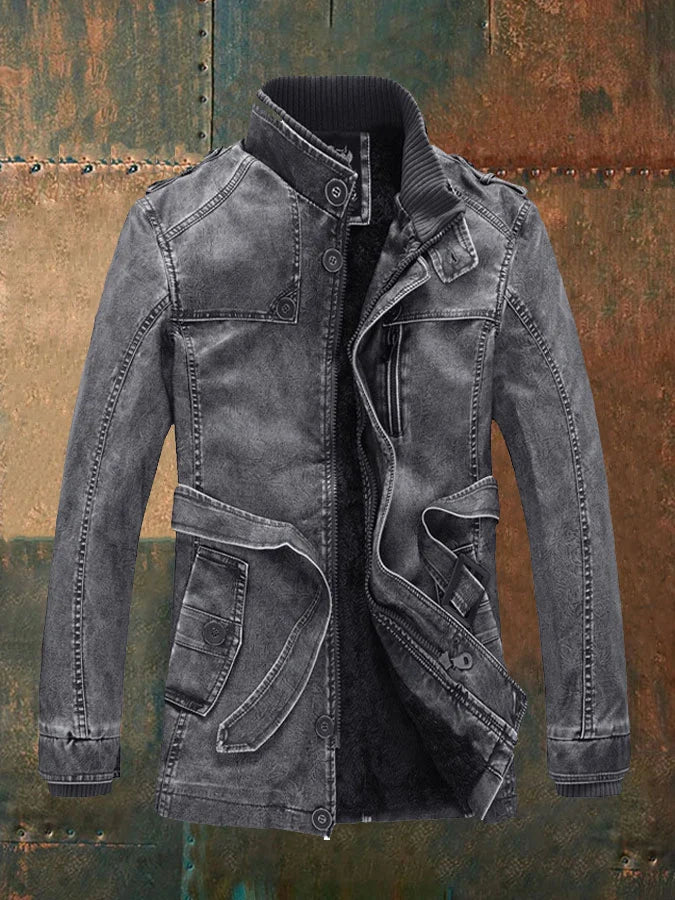 Shon Men’s Vintage Leather Jacket – Classic Button Detail & Warm Lined Zip Coat