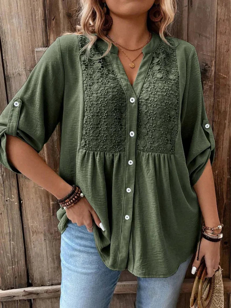 Kelsey Women's Button Blouse – V-Neck Loose Fit Top with Roll-Up Sleeves
