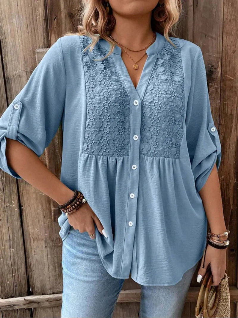 Kelsey Women's Button Blouse – V-Neck Loose Fit Top with Roll-Up Sleeves