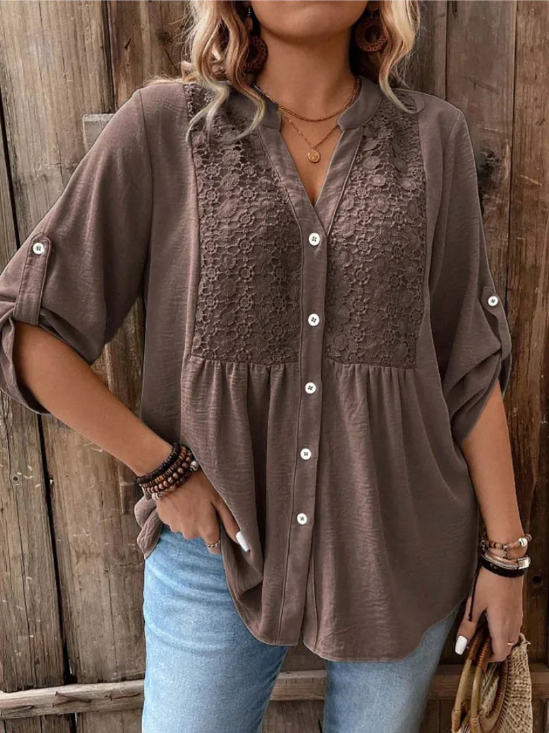 Kelsey Women's Button Blouse – V-Neck Loose Fit Top with Roll-Up Sleeves