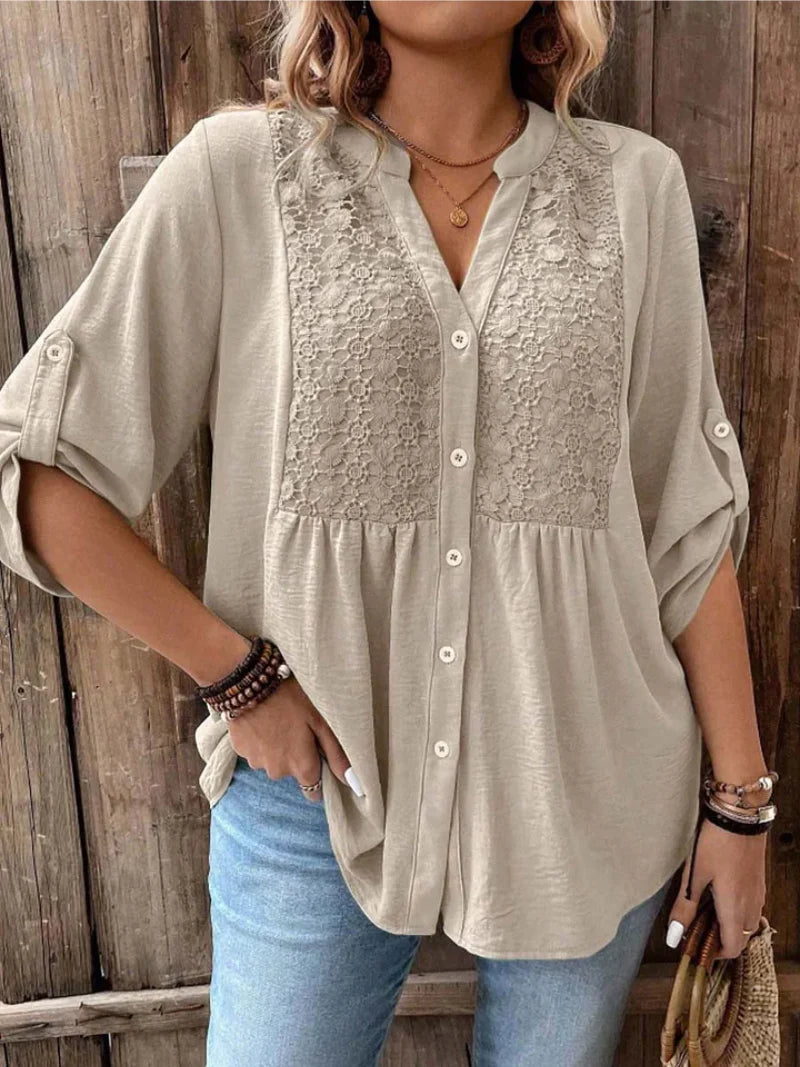 Kelsey Women's Button Blouse – V-Neck Loose Fit Top with Roll-Up Sleeves