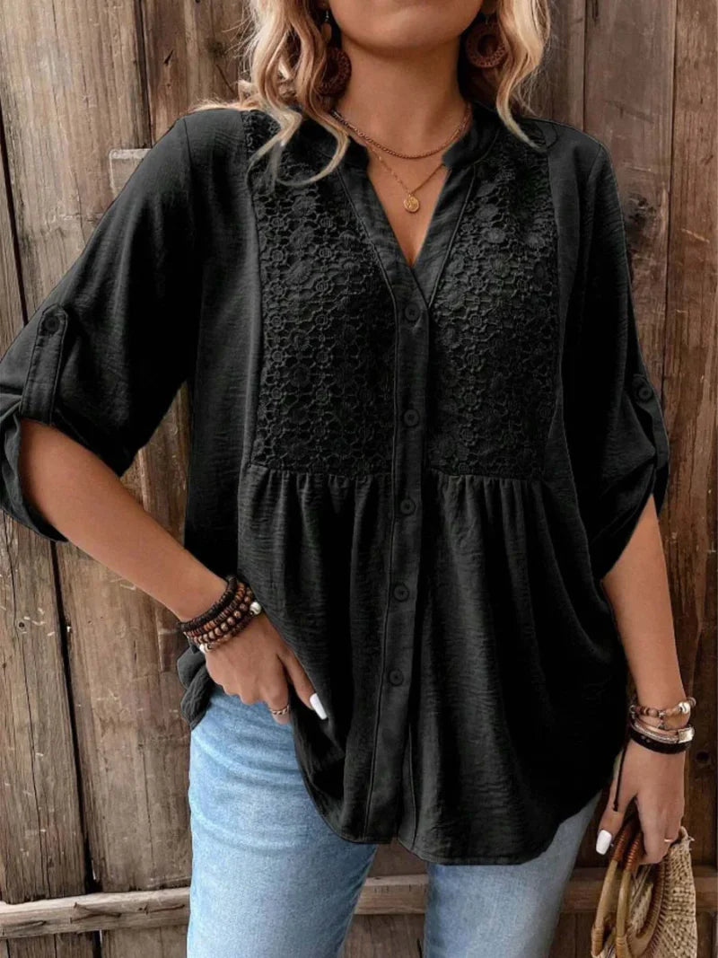 Kelsey Women's Button Blouse – V-Neck Loose Fit Top with Roll-Up Sleeves