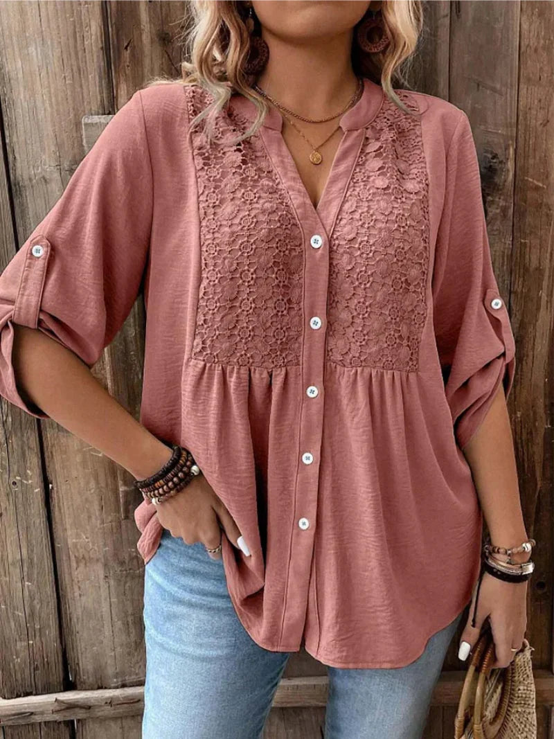Kelsey Women's Button Blouse – V-Neck Loose Fit Top with Roll-Up Sleeves