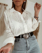 Harper Women's Embroidered Blouse – Geometric Floral Button-Collar Top