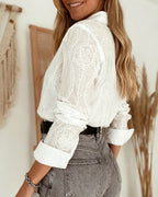 Harper Women's Embroidered Blouse – Geometric Floral Button-Collar Top