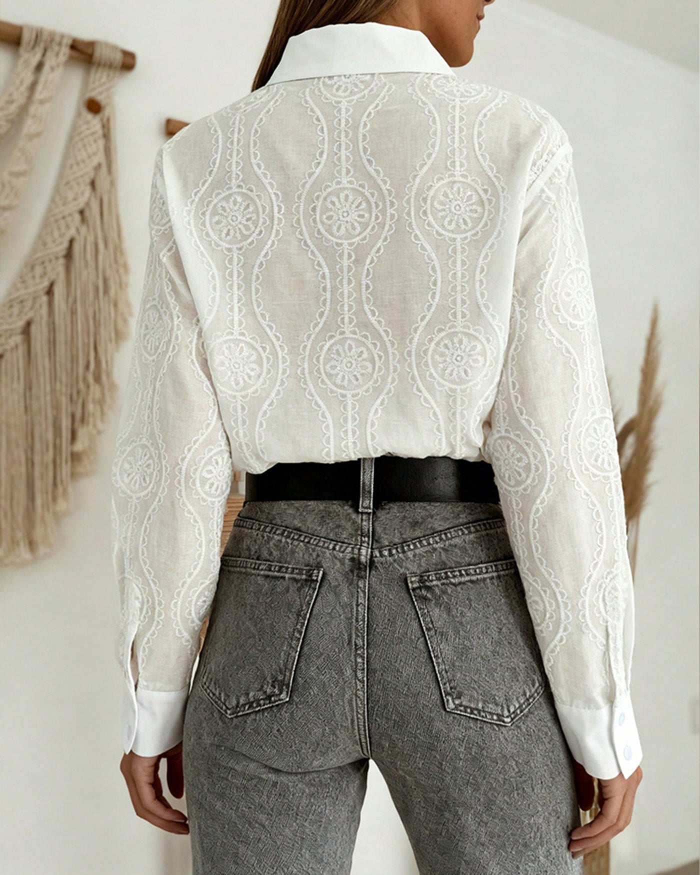 Harper Women's Embroidered Blouse – Geometric Floral Button-Collar Top