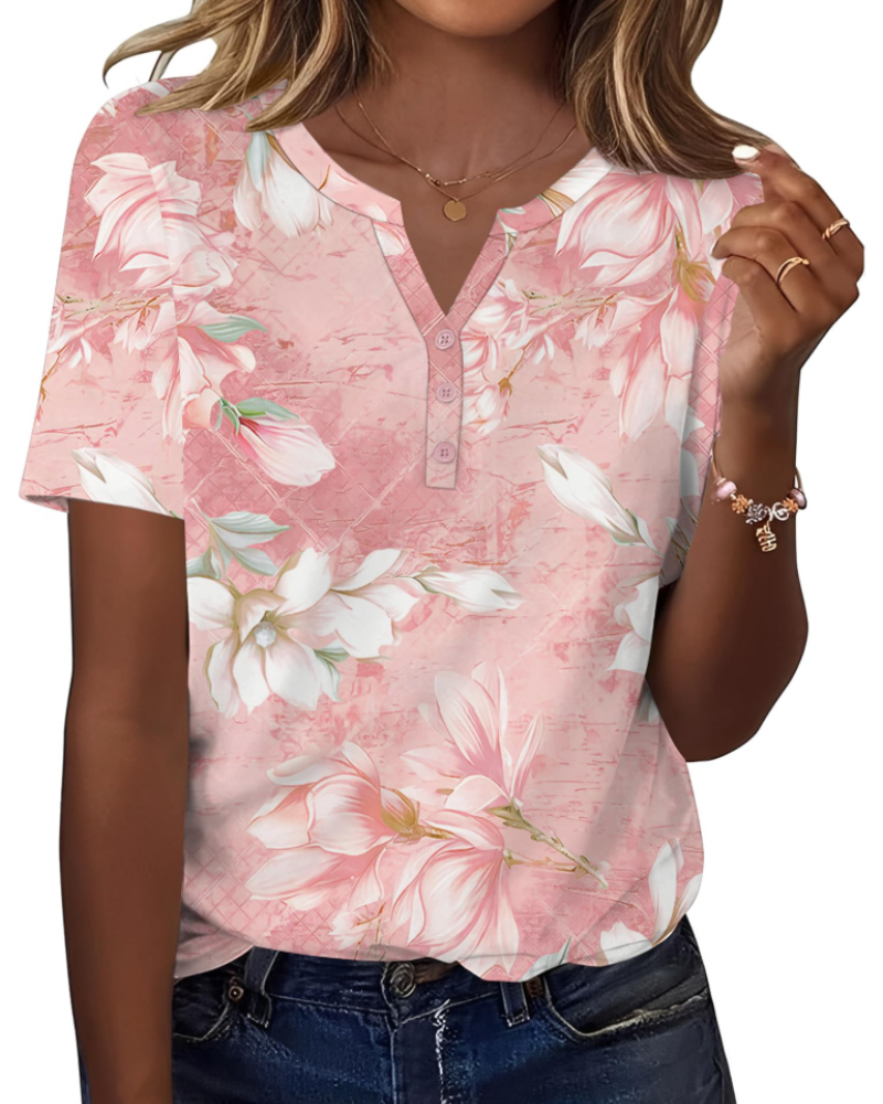 Mckenna Women’s Henley Tunic Top – V-Neck Short Sleeve Stretch Summer Blouse