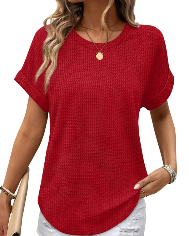 Hannah Women’s Waffle Knit Top – Short Sleeve Round Neck Color Block Shirt