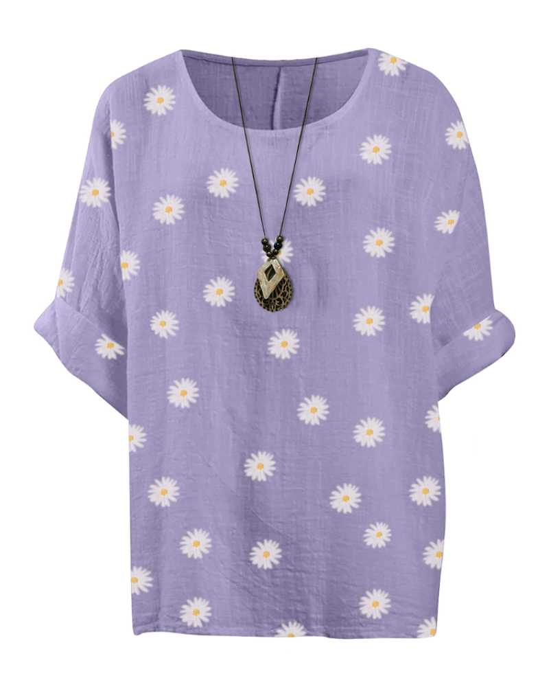 Anika Women’s Cotton Tunic Top – Daisy Print 3/4 Sleeve Lagenlook Blouse