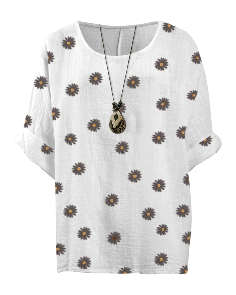 Anika Women’s Cotton Tunic Top – Daisy Print 3/4 Sleeve Lagenlook Blouse