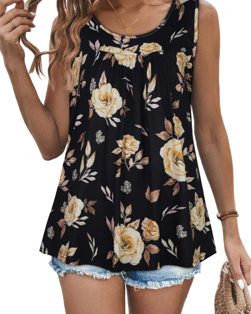 Clara Women’s Pleated Tank Top – Crew Neck Floral Sleeveless Tunic Blouse