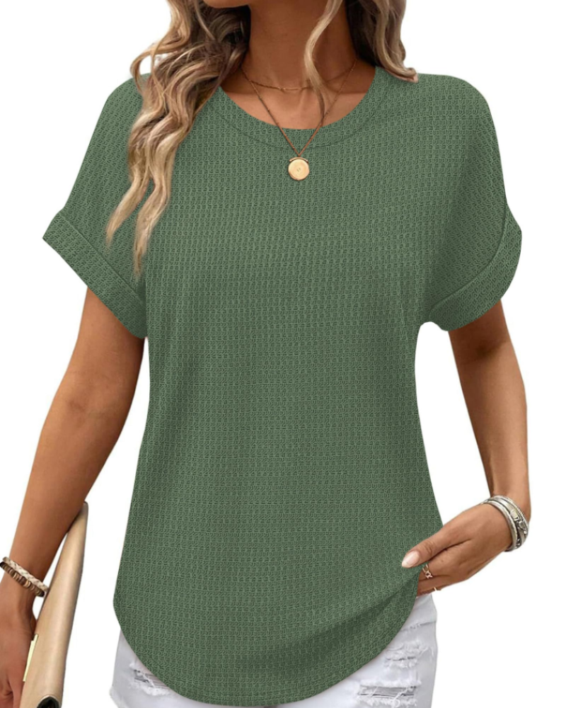 Hannah Women’s Waffle Knit Top – Short Sleeve Round Neck Color Block Shirt
