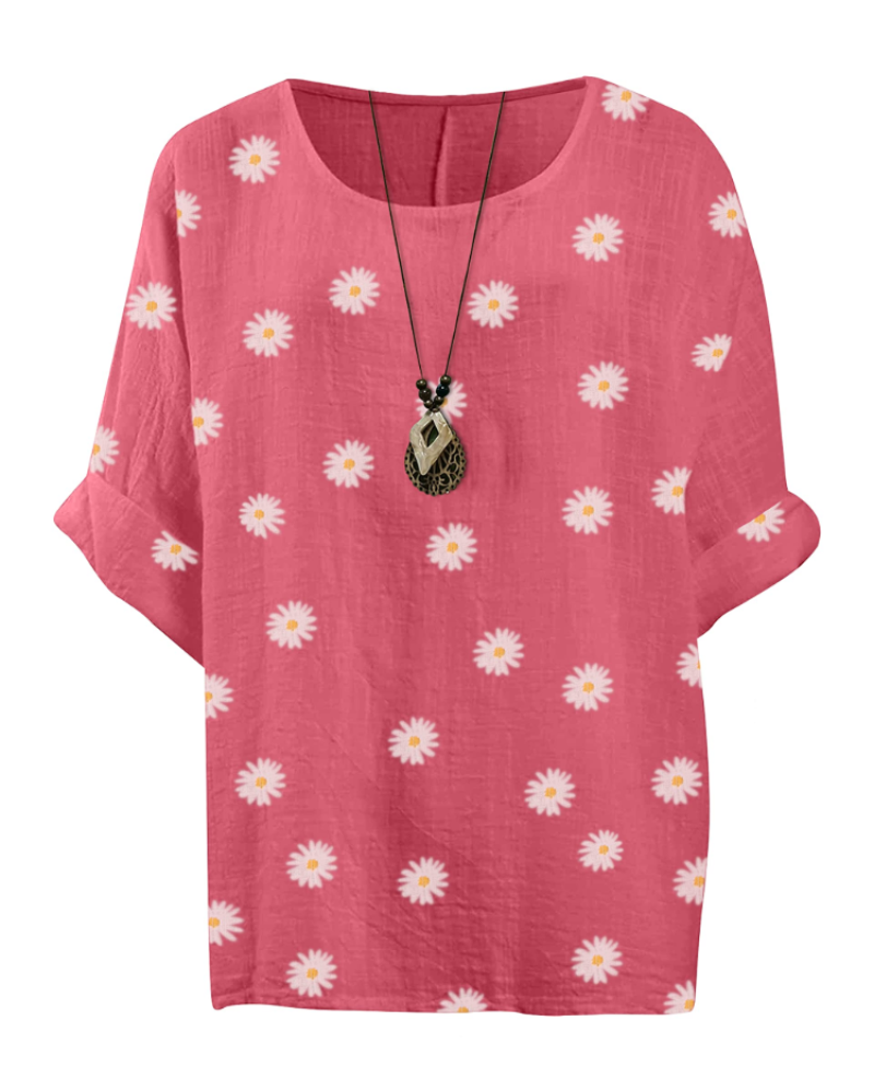 Anika Women’s Cotton Tunic Top – Daisy Print 3/4 Sleeve Lagenlook Blouse