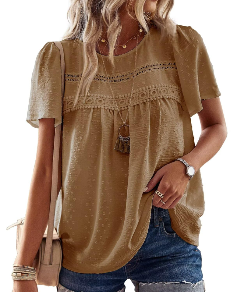 Talia Women’s Crochet Lace Boho Top – Crew Neck Short Sleeve Swiss Dot Blouse