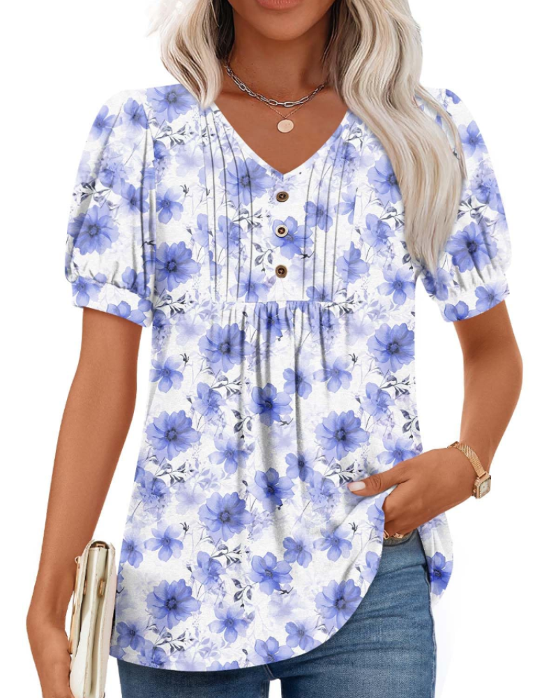 Ella Women’s Puff Sleeve Top – V-Neck Ruffle Button Pleated Summer Blouse