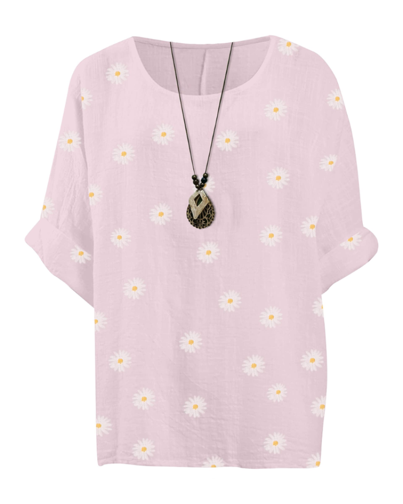 Anika Women’s Cotton Tunic Top – Daisy Print 3/4 Sleeve Lagenlook Blouse