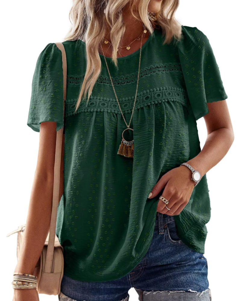 Talia Women’s Crochet Lace Boho Top – Crew Neck Short Sleeve Swiss Dot Blouse