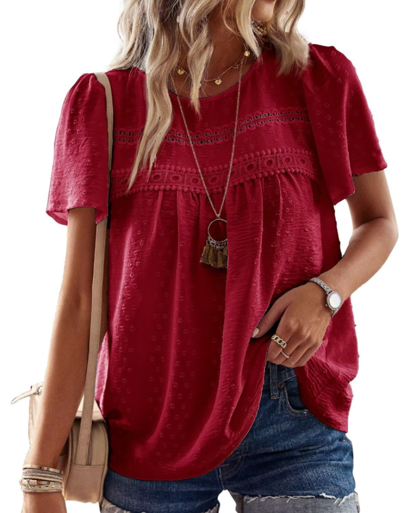 Talia Women’s Crochet Lace Boho Top – Crew Neck Short Sleeve Swiss Dot Blouse