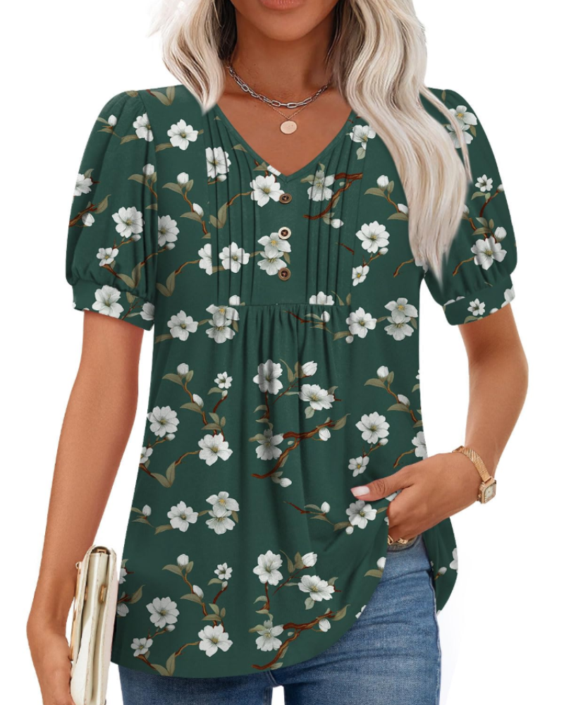Ella Women’s Puff Sleeve Top – V-Neck Ruffle Button Pleated Summer Blouse