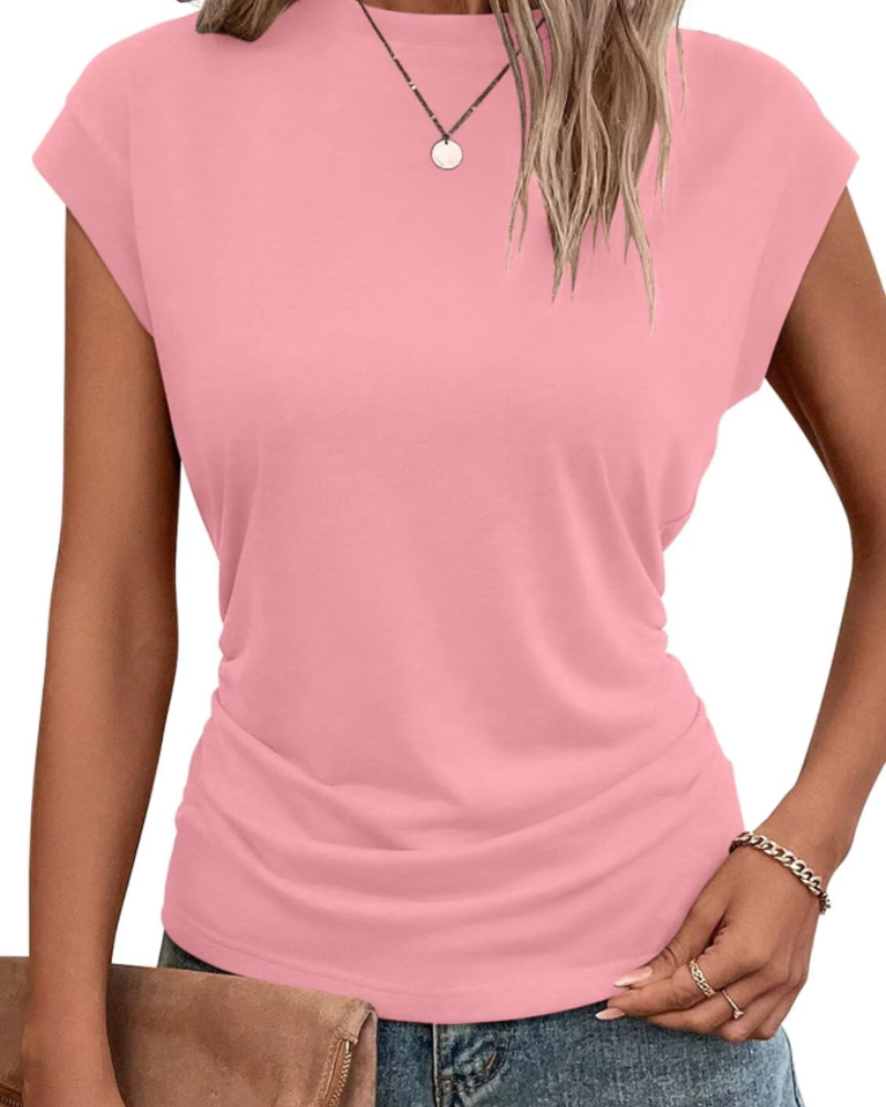 Charlotte Women’s Cap Sleeve Top – Pleated Round Neck Summer T-Shirt