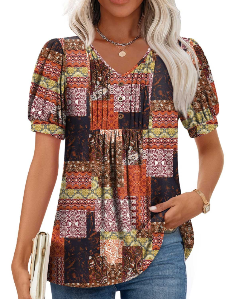 Ella Women’s Puff Sleeve Top – V-Neck Ruffle Button Pleated Summer Blouse
