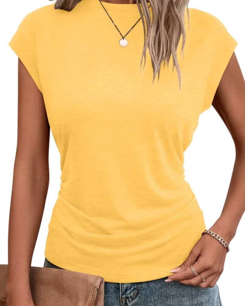 Charlotte Women’s Cap Sleeve Top – Pleated Round Neck Summer T-Shirt