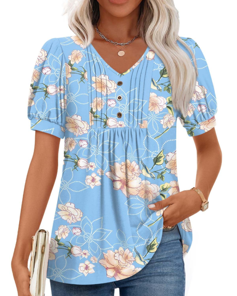 Ella Women’s Puff Sleeve Top – V-Neck Ruffle Button Pleated Summer Blouse