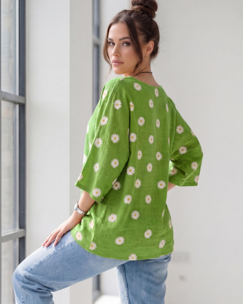 Anika Women’s Cotton Tunic Top – Daisy Print 3/4 Sleeve Lagenlook Blouse
