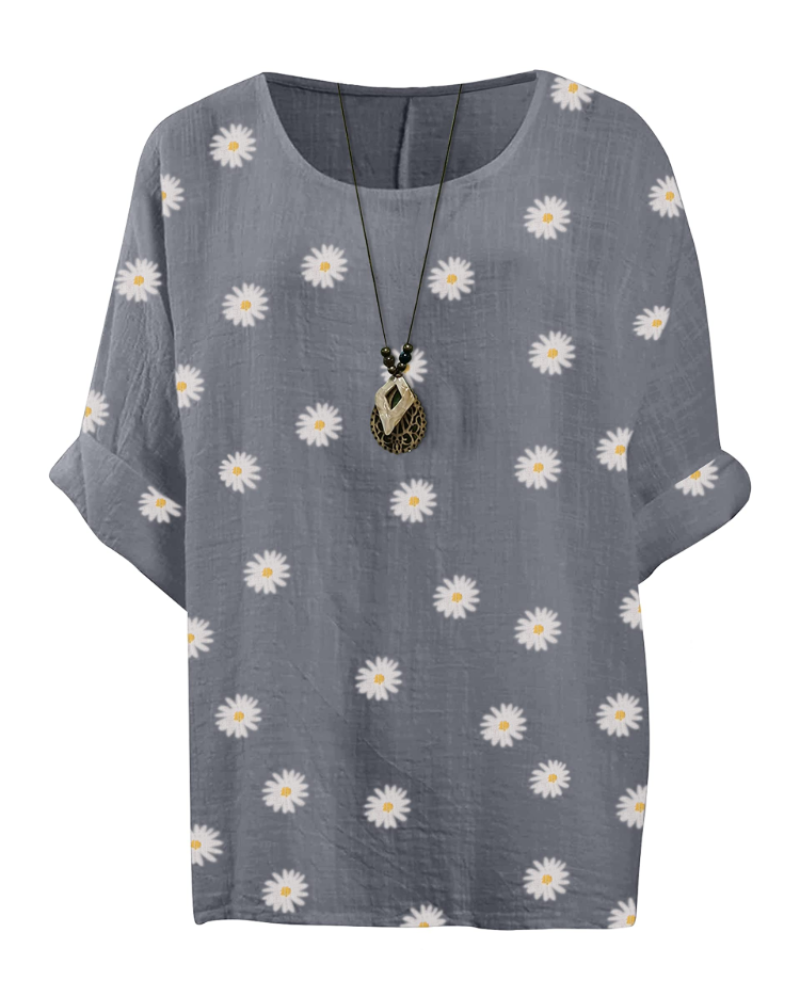 Anika Women’s Cotton Tunic Top – Daisy Print 3/4 Sleeve Lagenlook Blouse