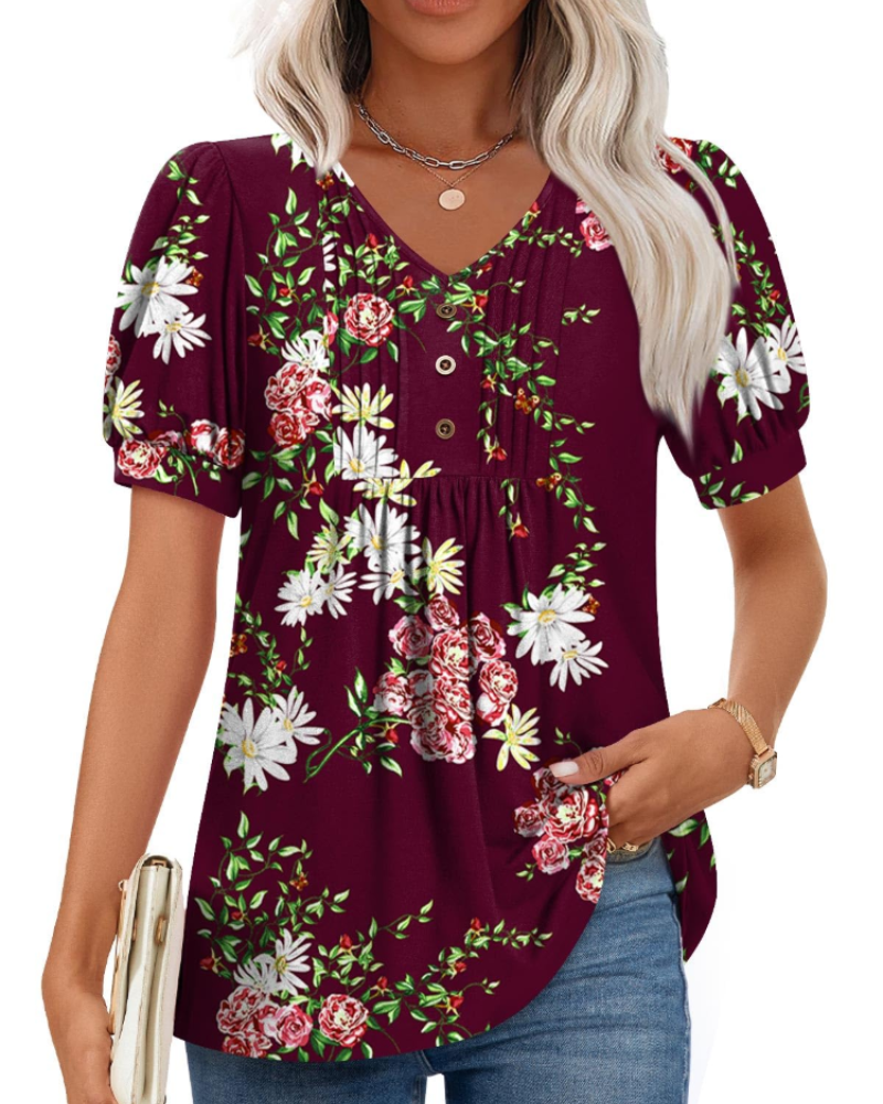 Ella Women’s Puff Sleeve Top – V-Neck Ruffle Button Pleated Summer Blouse